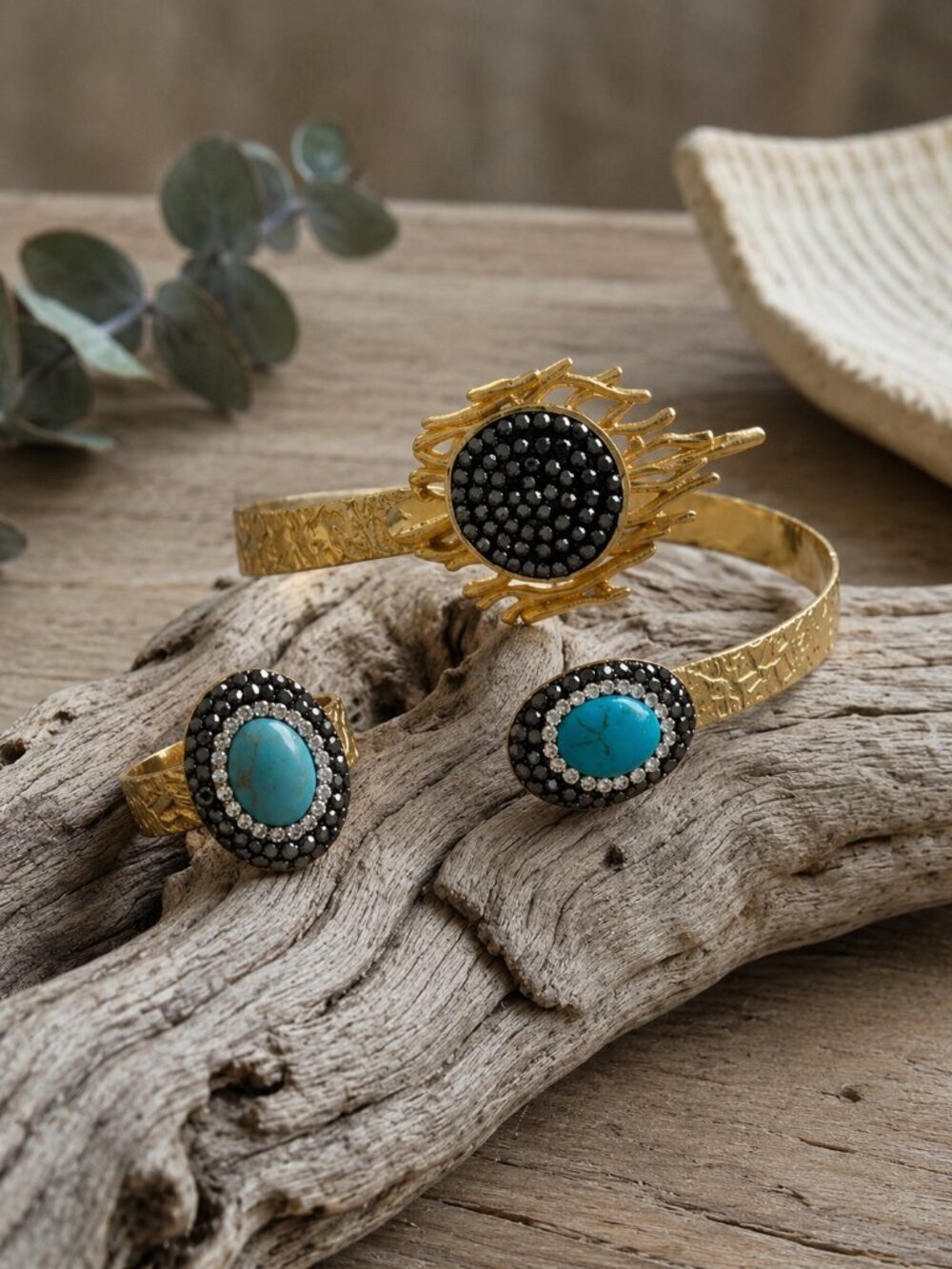 Turkish 18K Gold Plated Brass Turquoise Hematite Cuff and Ring Set Artisan 8-10